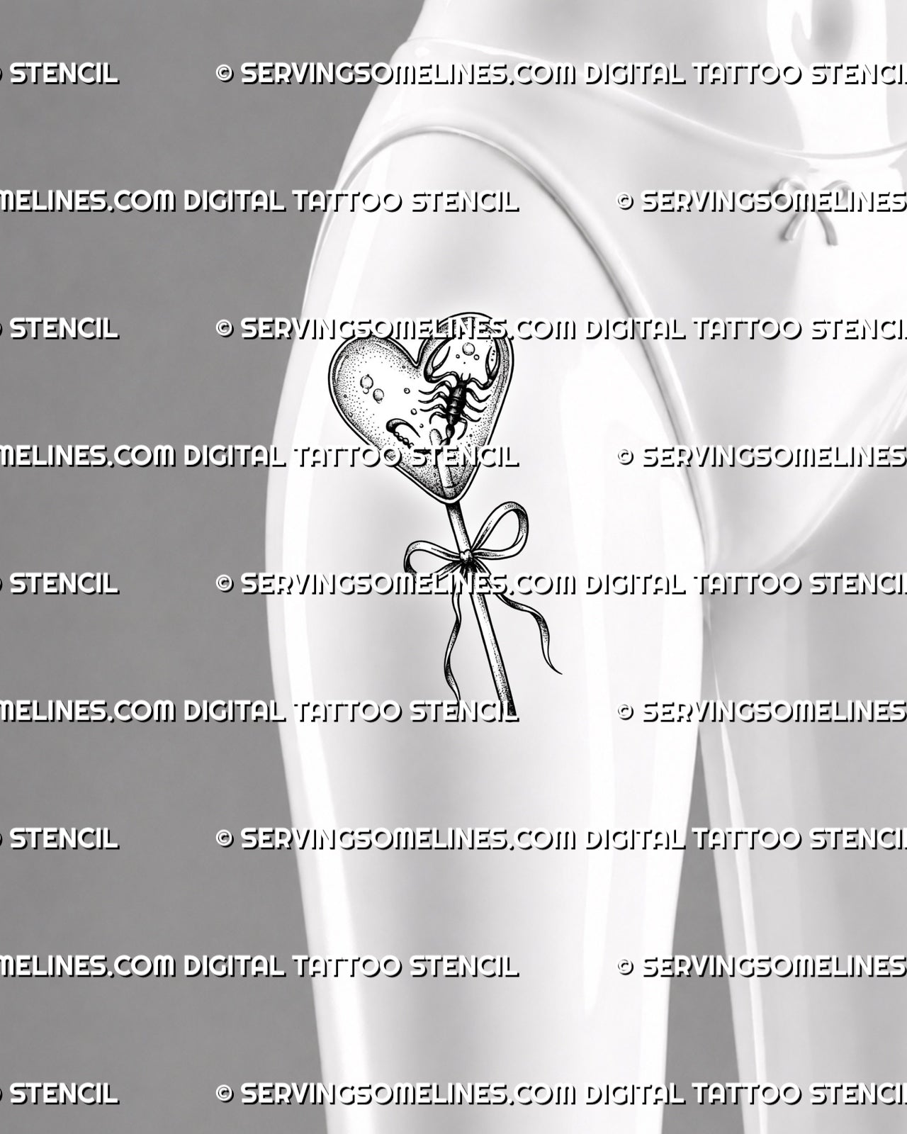 Lollipop tattoo stencil shown on womens upper thigh with heart candy shape, dotted texture, and dark scorpion detail.