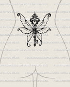 Fairy wings key tattoo stencil shown on lower back placement example, gothic fae key charm design with ornate wings and bold outline.