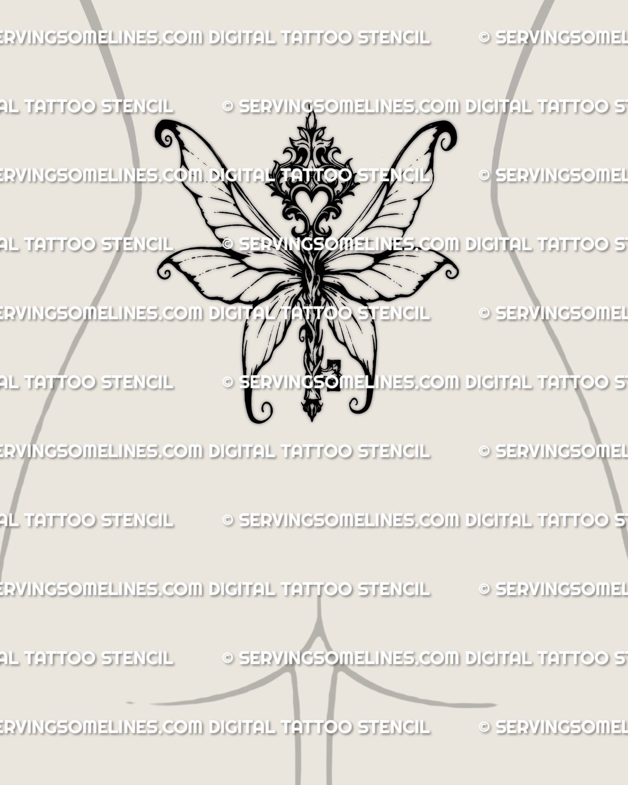 Fairy wings key tattoo stencil shown on lower back placement example, gothic fae key charm design with ornate wings and bold outline.
