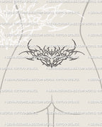 lower back heart tattoo stencil shown as small ornamental cybersigil heart design, minimal feminine tramp stamp placement on lower waist area
