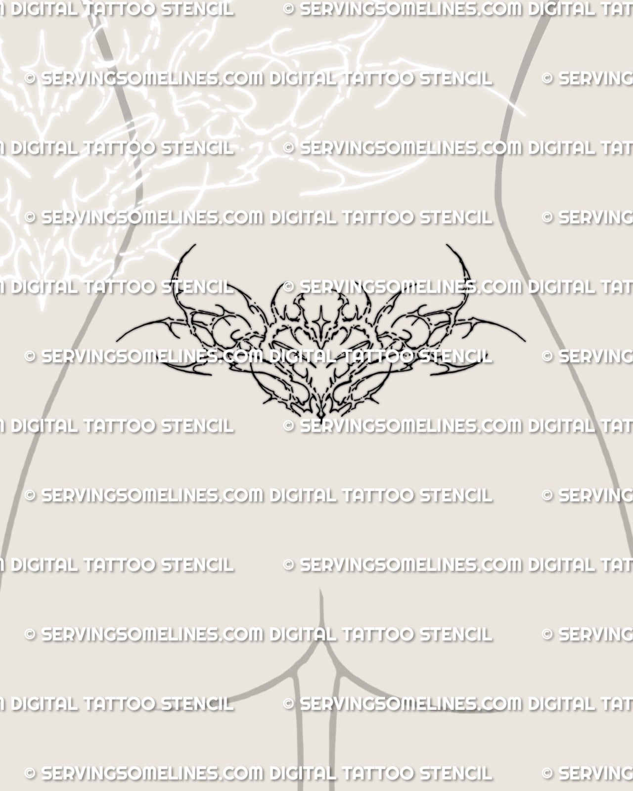 lower back heart tattoo stencil shown as small ornamental cybersigil heart design, minimal feminine tramp stamp placement on lower waist area
