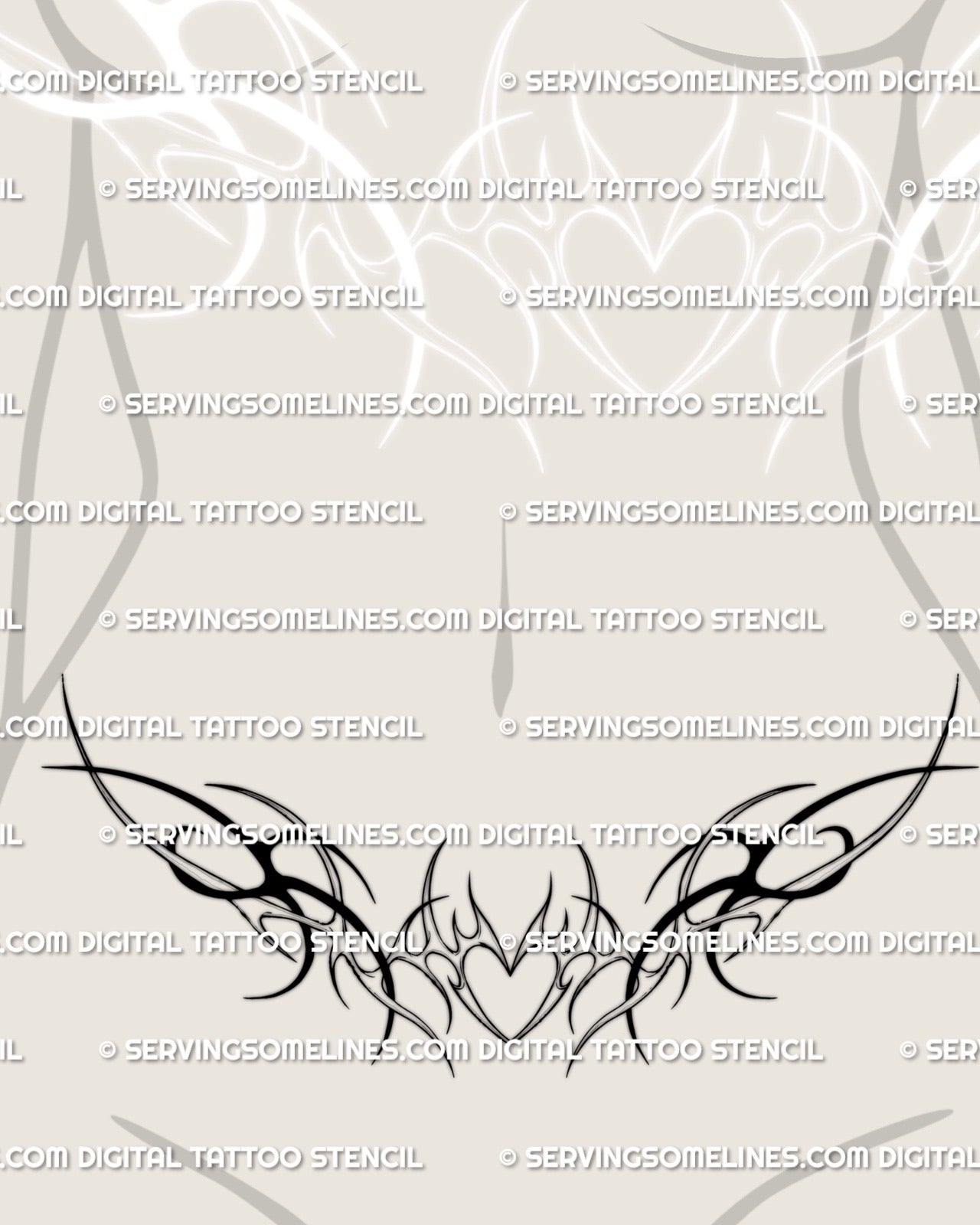 womens lower belly tattoo mockup showing feminine tribal heart design with curved waist framing lines and modern cyber tribal style stencil