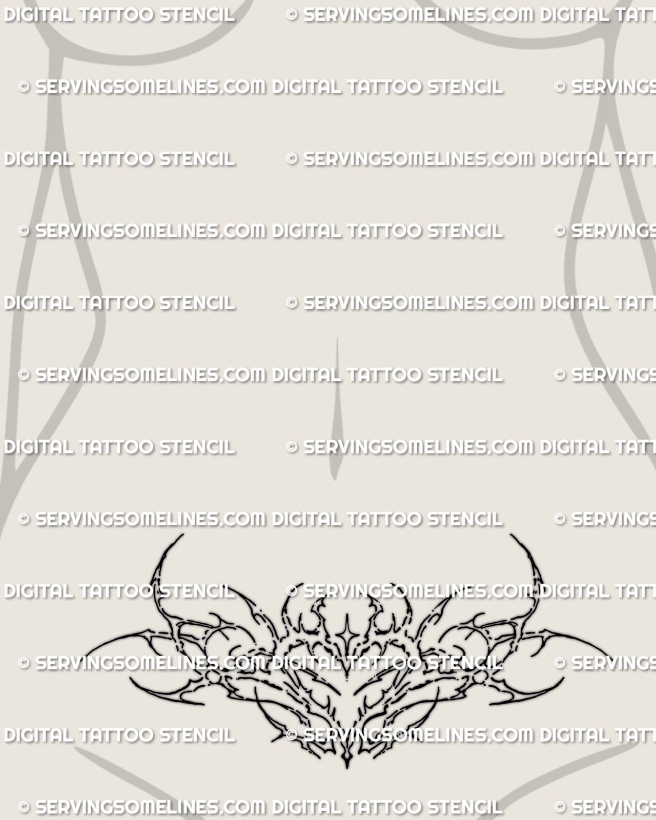 feminine lower belly tattoo mockup with ornamental heart lineart design for stomach placement, modern cute goth style with soft curves