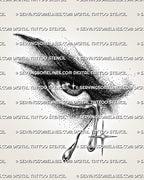 Lucifer last tear tattoo design with a shadowed eye, falling tear drops, dotted texture, and cold celestial star accents.