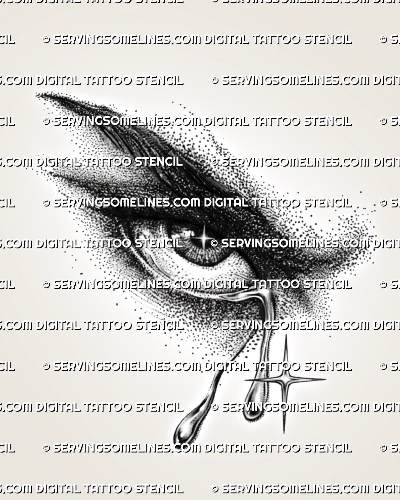 Lucifer last tear tattoo design with a shadowed eye, falling tear drops, dotted texture, and cold celestial star accents.