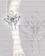 Luna moth tattoo stencil shown on forearm placement, with crescent moon, shaded wings, and readable vertical shape. 
