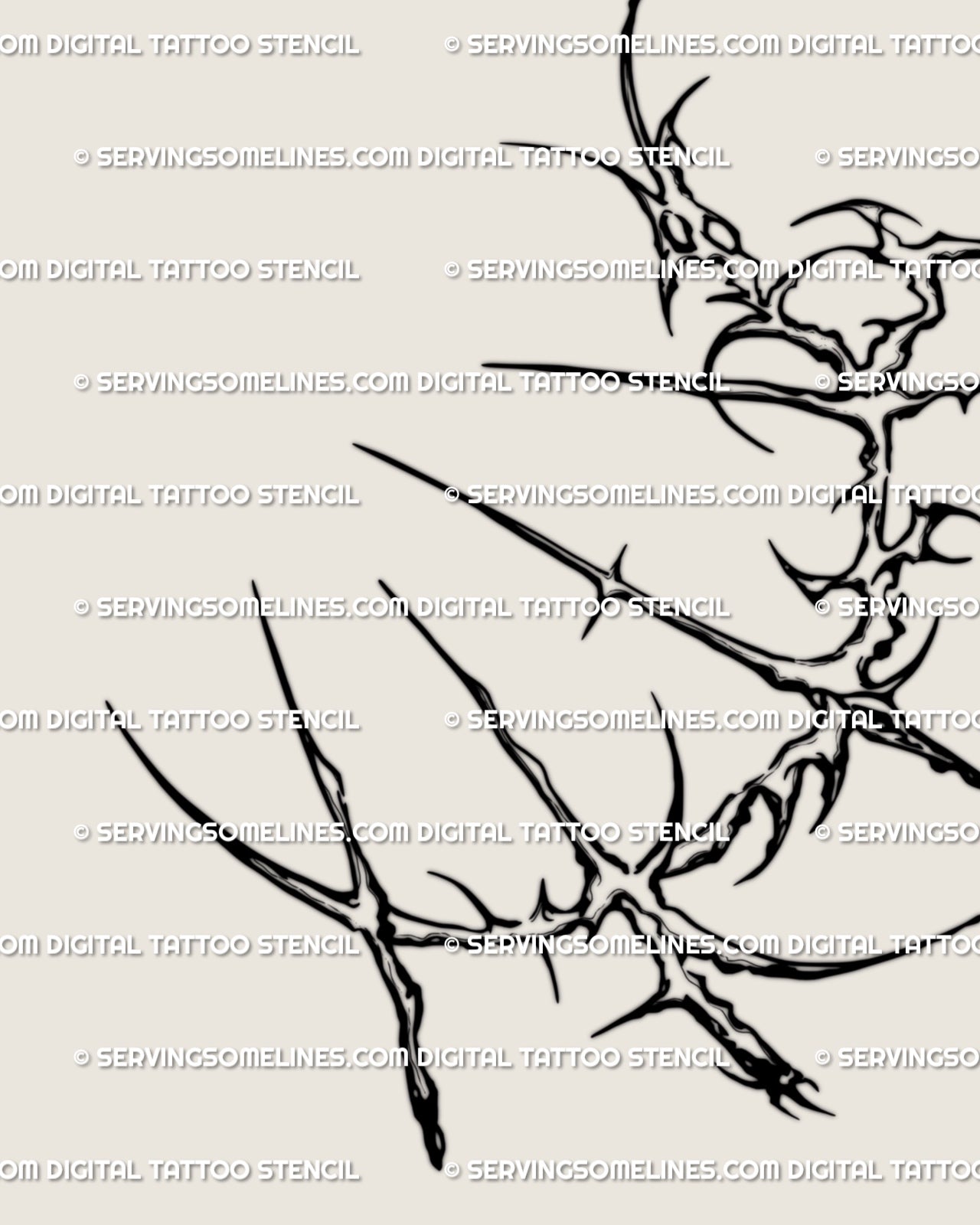 Hand-drawn lunar cybersigil tattoo design displayed on shoulder placement example, blending celestial motion with spiky cyber-tribal detailing.