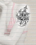 Madonna tattoo stencil shown on womens arm placement, with veiled Mary face, candle accents, and gothic religious detail. 