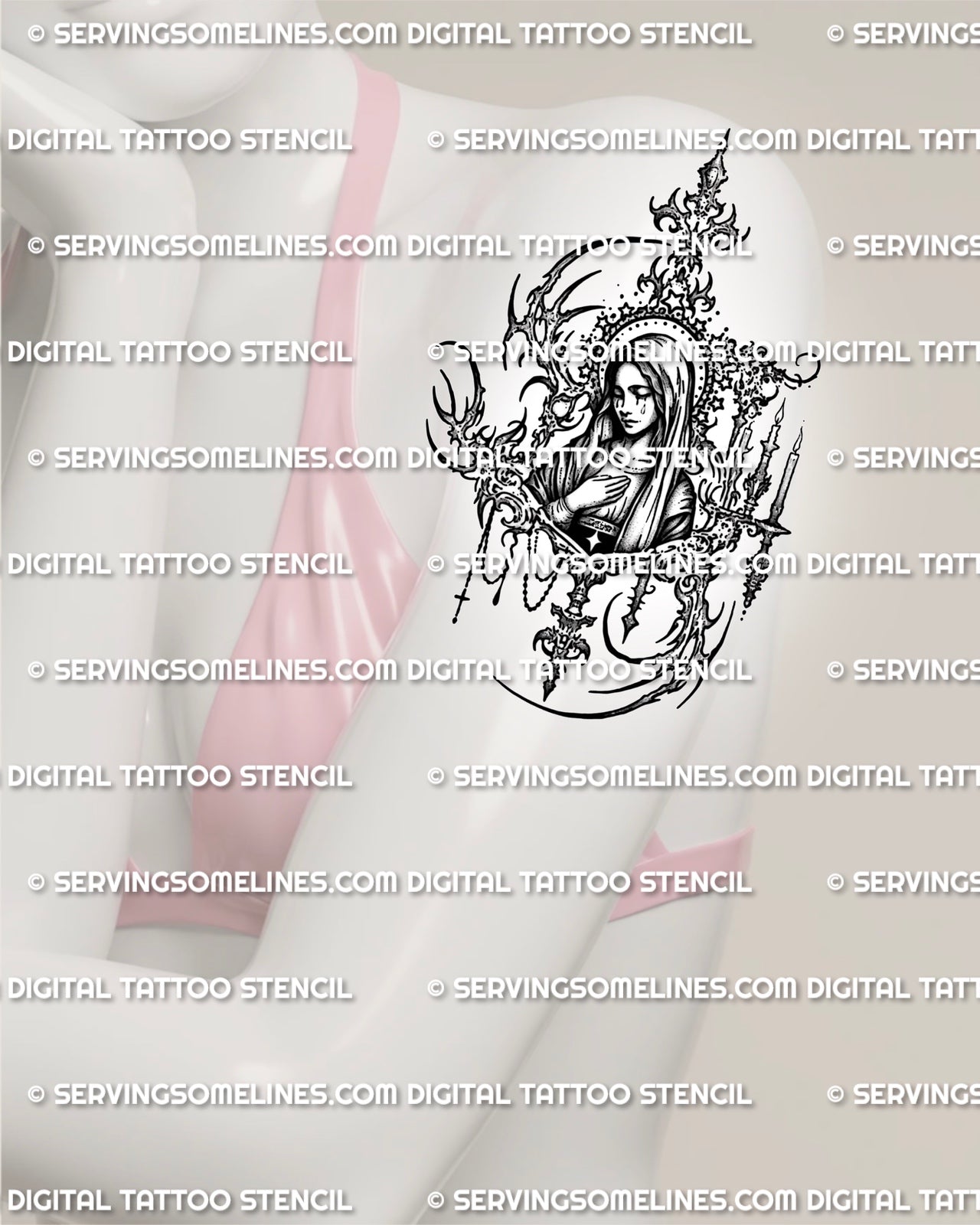 Madonna tattoo stencil shown on womens arm placement, with veiled Mary face, candle accents, and gothic religious detail. 