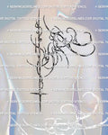mens shoulder wrap tattoo mockup with cyber tribal biomech lines flowing into spine, modern masculine back design with sharp engineered shapes