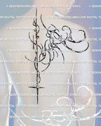 mens shoulder wrap tattoo mockup with cyber tribal biomech lines flowing into spine, modern masculine back design with sharp engineered shapes