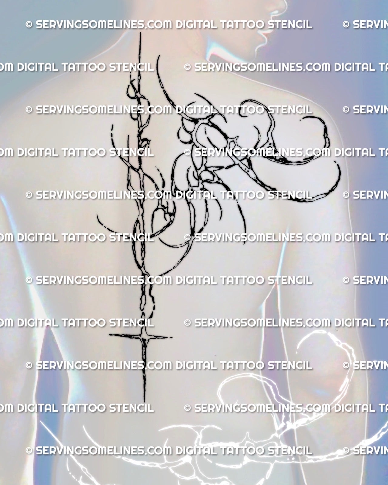 mens shoulder wrap tattoo mockup with cyber tribal biomech lines flowing into spine, modern masculine back design with sharp engineered shapes