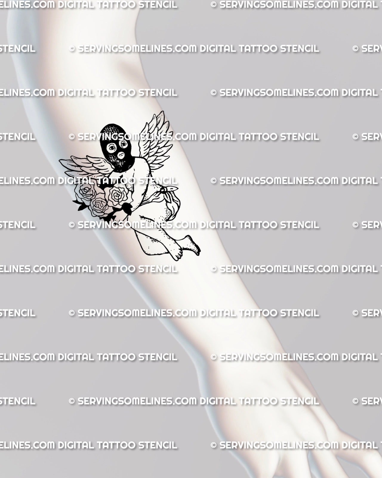 Masked angel rose tattoo stencil shown on forearm placement with winged cherub figure, black mask, and small rose bouquet