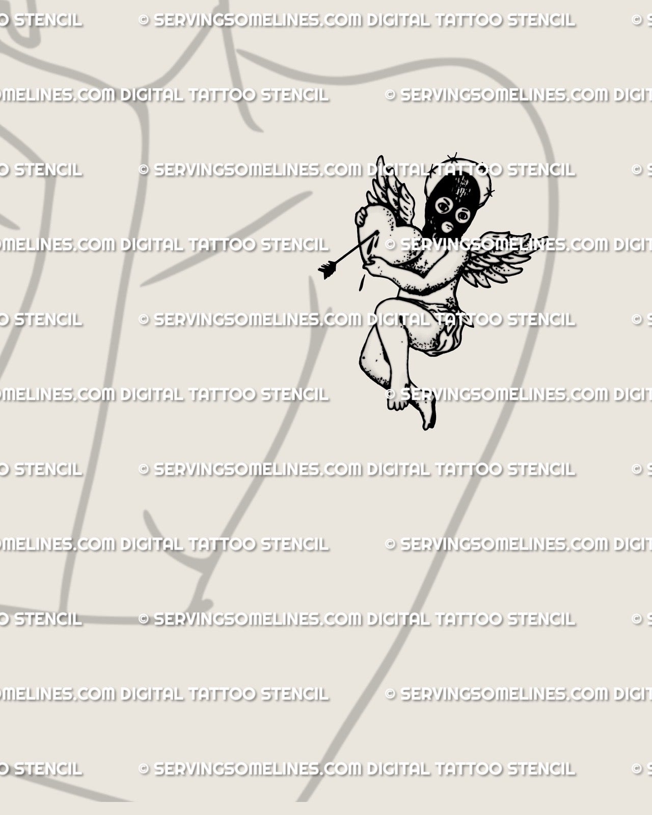 Masked cherub tattoo stencil displayed on women’s arm placement with pierced heart, arrow, small wings, and dark cupid detail