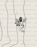 Masked cherub rose tattoo stencil shown on lower leg placement with black mask, rose bouquet, wings, and dark angelcore detail