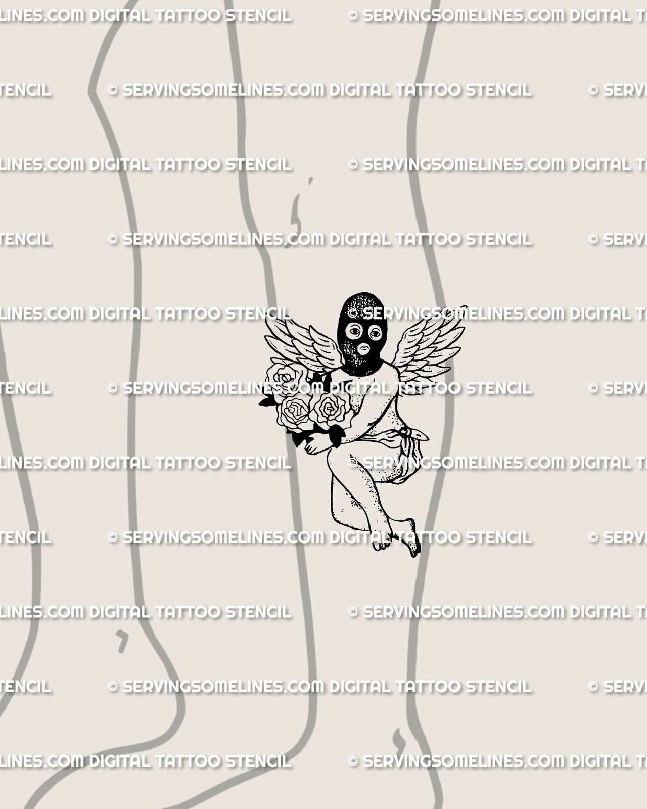 Masked cherub rose tattoo stencil shown on lower leg placement with black mask, rose bouquet, wings, and dark angelcore detail