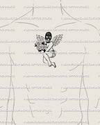Masked cherub rose tattoo stencil displayed on men’s center chest placement with black mask, rose bouquet, and feathered wings