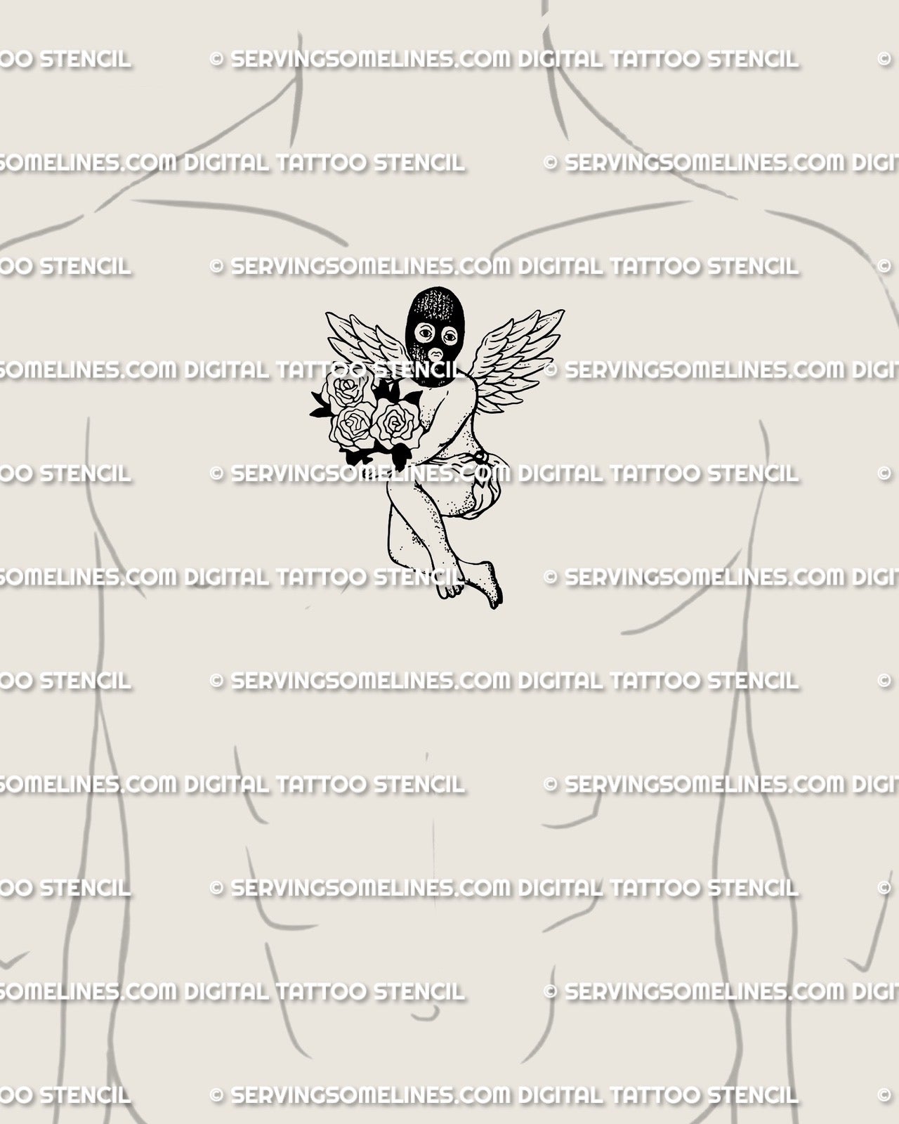 Masked cherub rose tattoo stencil displayed on men’s center chest placement with black mask, rose bouquet, and feathered wings