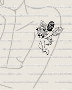 Masked cherub rose tattoo stencil shown on women’s arm placement with black mask, feathered wings, and romantic rose detail