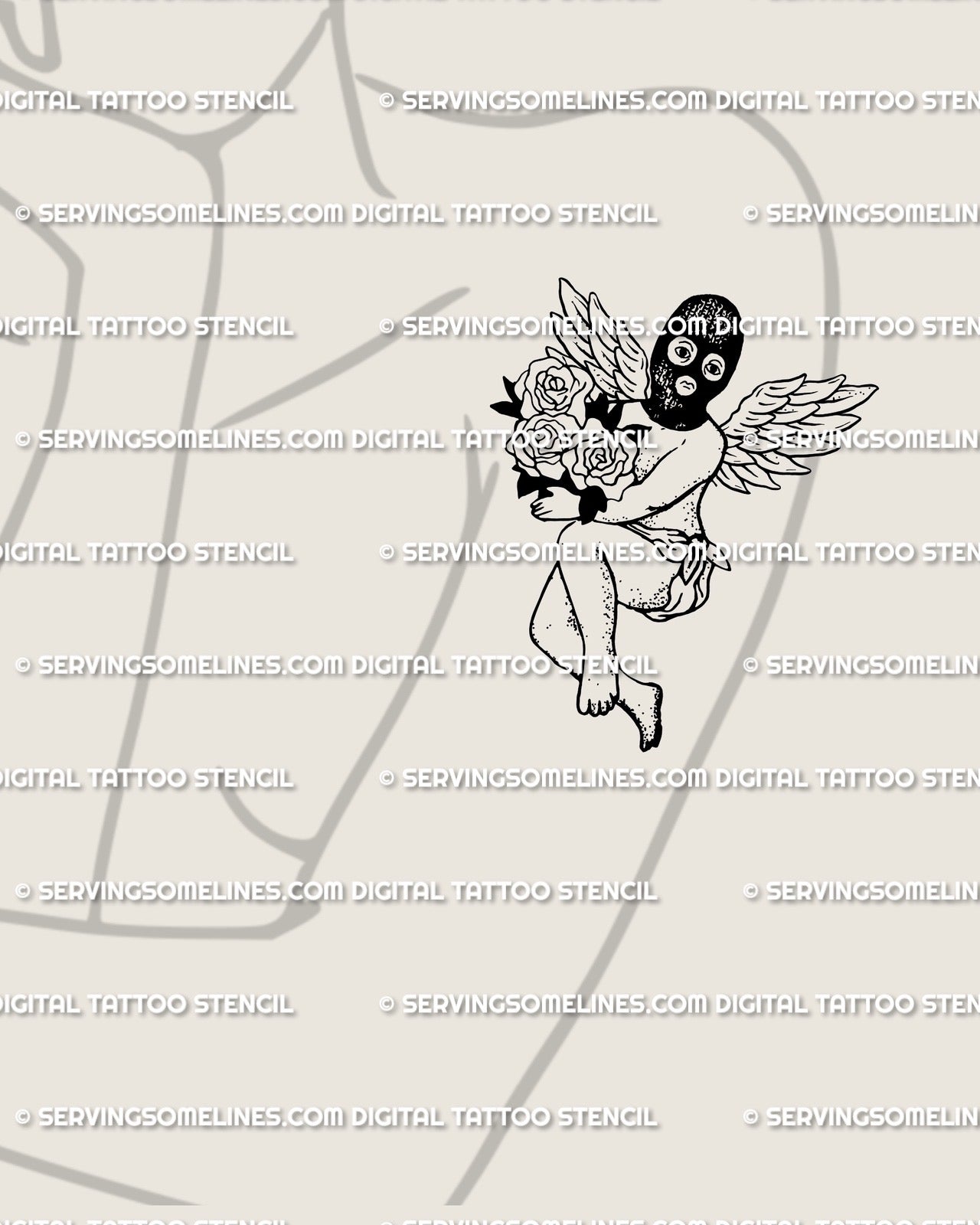 Masked cherub rose tattoo stencil shown on women’s arm placement with black mask, feathered wings, and romantic rose detail