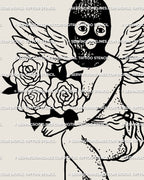 Close view of masked cherub tattoo stencil showing black mask, rose bouquet, soft wings, and dark angelcore linework