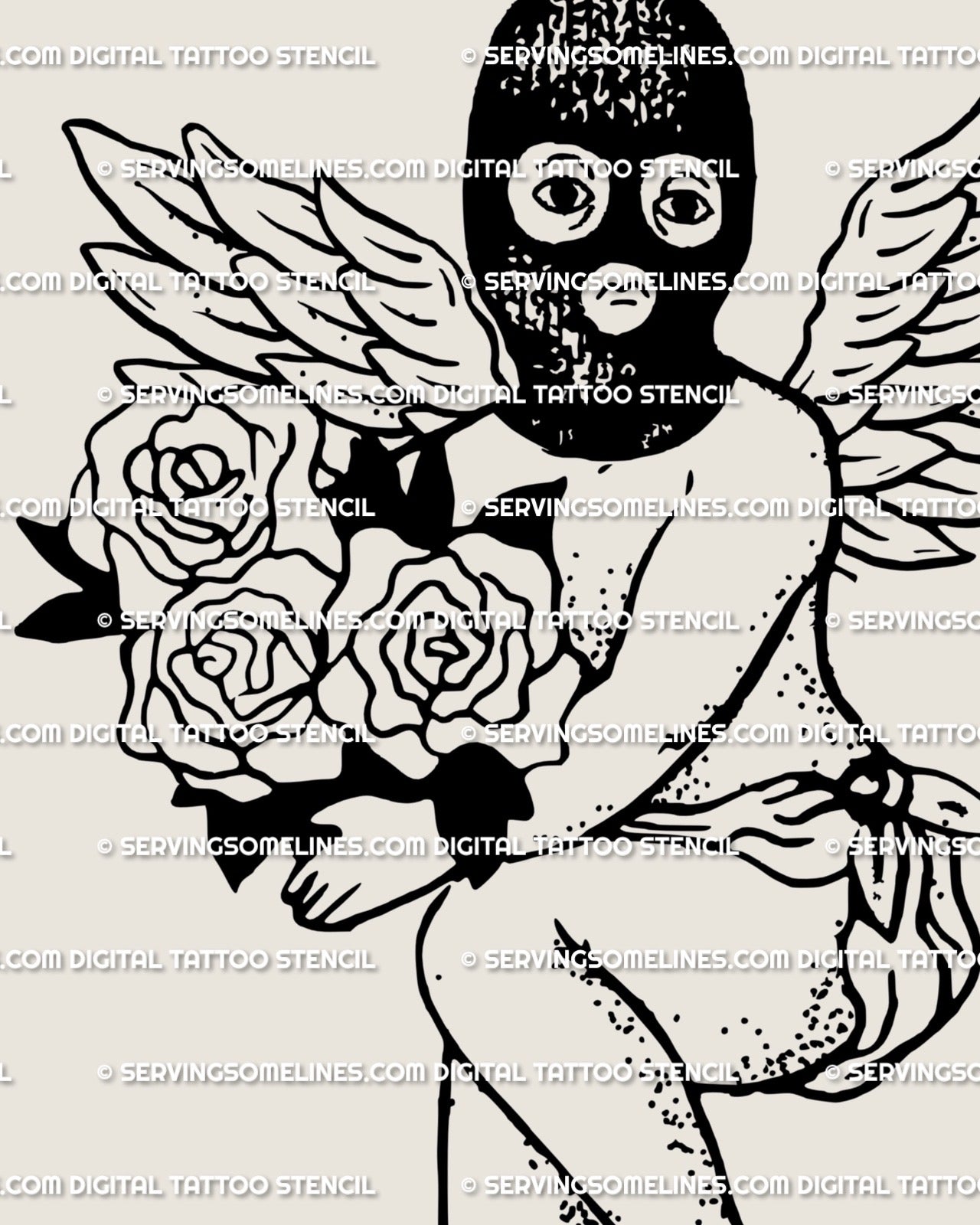 Close view of masked cherub tattoo stencil showing black mask, rose bouquet, soft wings, and dark angelcore linework