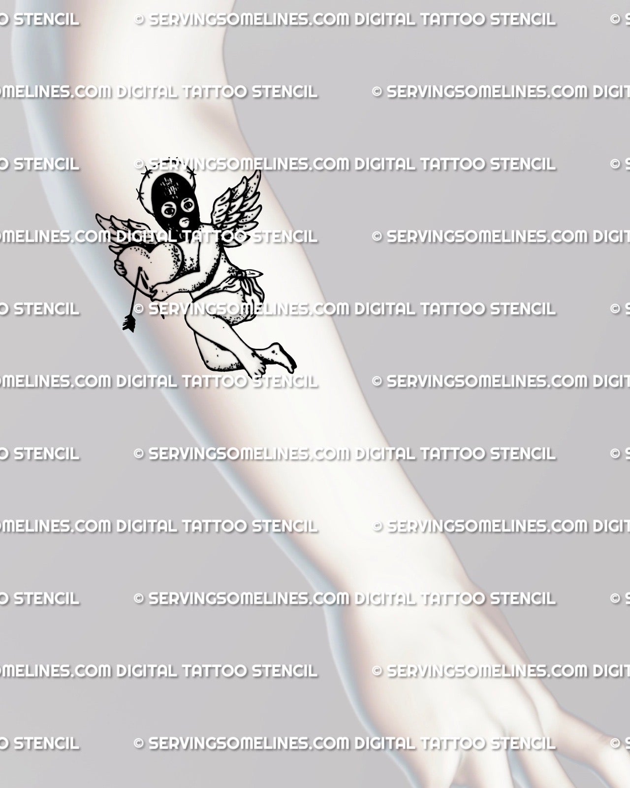 Masked cupid tattoo stencil shown on forearm placement with black mask, heart and arrow motif, and dark angelcore style