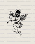 Masked cupid tattoo stencil with black mask, pierced heart, arrow motif, barbed halo, small wings, and dark angelcore linework