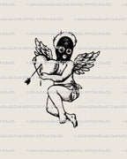 Masked cupid tattoo stencil with black mask, pierced heart, arrow motif, barbed halo, small wings, and dark angelcore linework