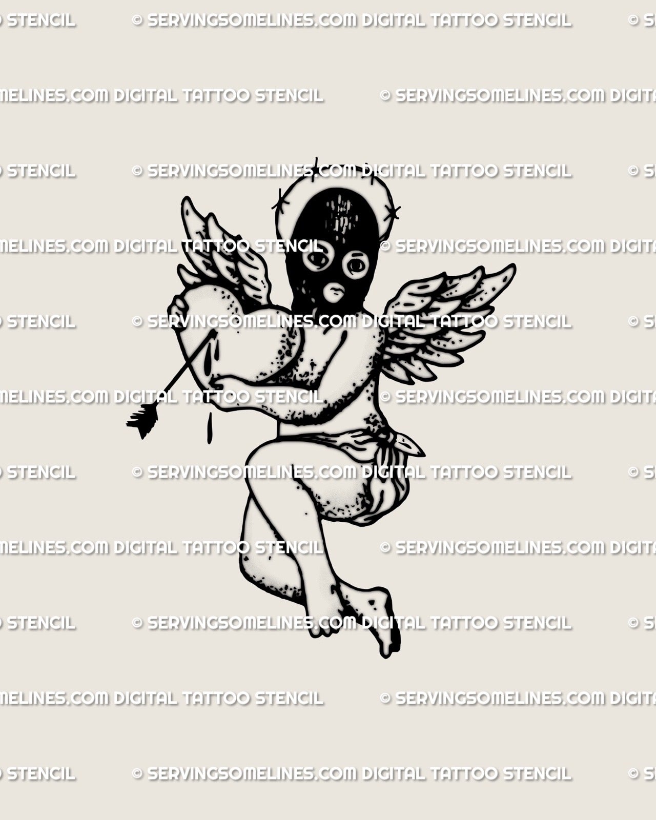 Masked cupid tattoo stencil with black mask, pierced heart, arrow motif, barbed halo, small wings, and dark angelcore linework