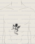 Masked cupid tattoo stencil shown on men’s sternum placement with pierced heart, arrow motif, black mask, and barbed halo