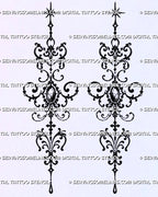 Two matching ornamental forearm tattoo stencil designs with Baroque filigree, oval medallion-like centres, pointed stars, dotted accents, and hanging teardrop details