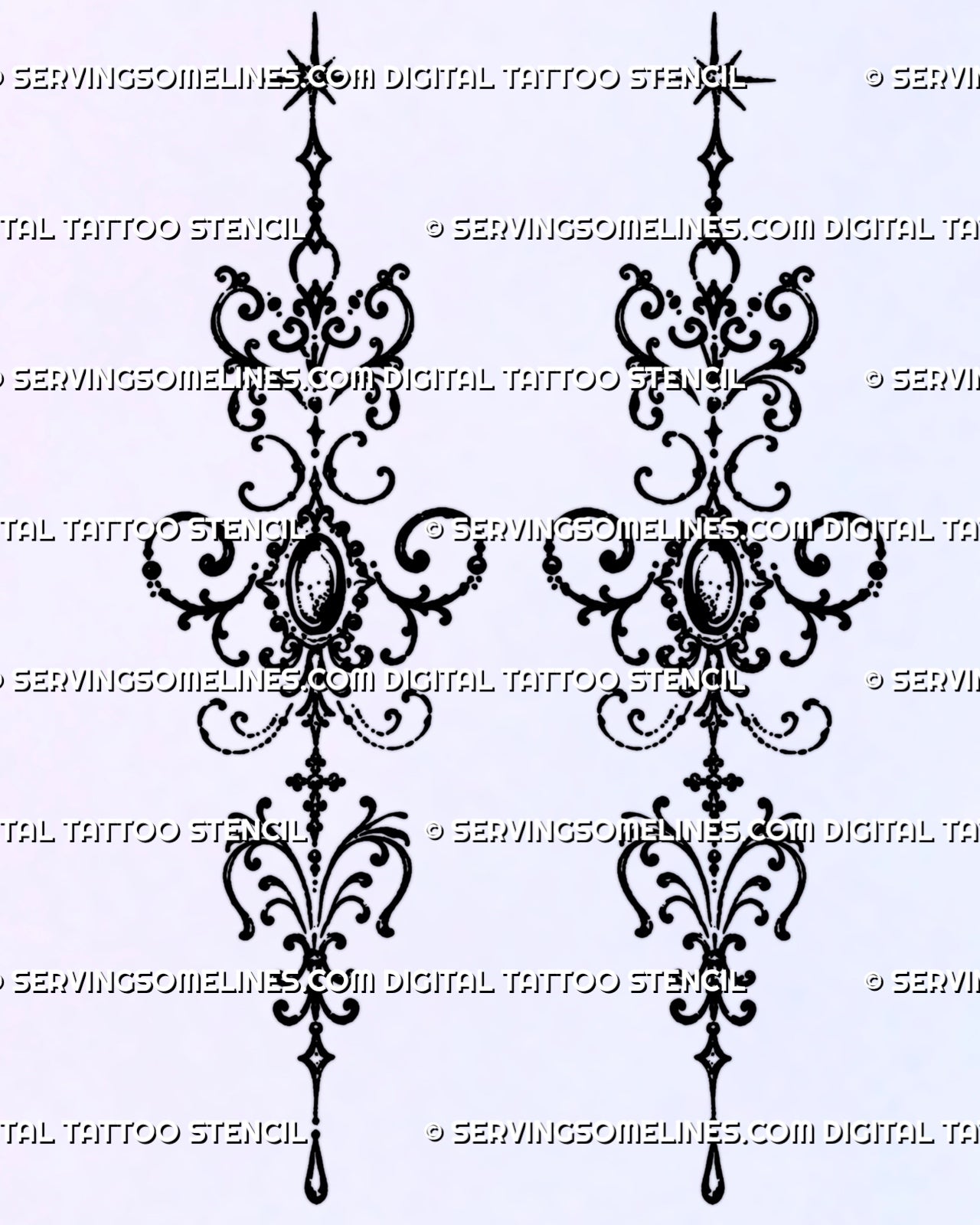 Two matching ornamental forearm tattoo stencil designs with Baroque filigree, oval medallion-like centres, pointed stars, dotted accents, and hanging teardrop details