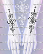 Matching ornamental forearm tattoos shown across both arms with Baroque filigree scrolls, oval pendant-like centres, pointed stars, dotted details, and hanging teardrops