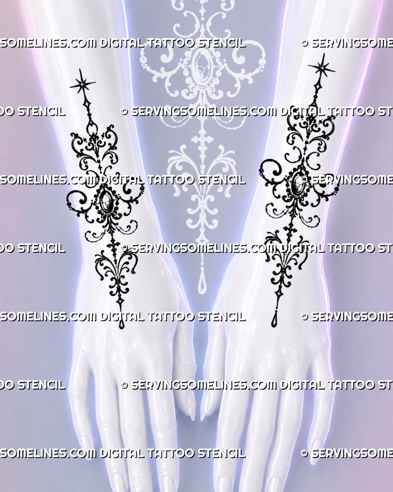 Matching ornamental forearm tattoos shown across both arms with Baroque filigree scrolls, oval pendant-like centres, pointed stars, dotted details, and hanging teardrops