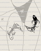 Matching koi fish tattoo design shown as two pieces on opposite thighs—one koi each—symbolizing balance, partnership, and yin/yang harmony with cyber accents.