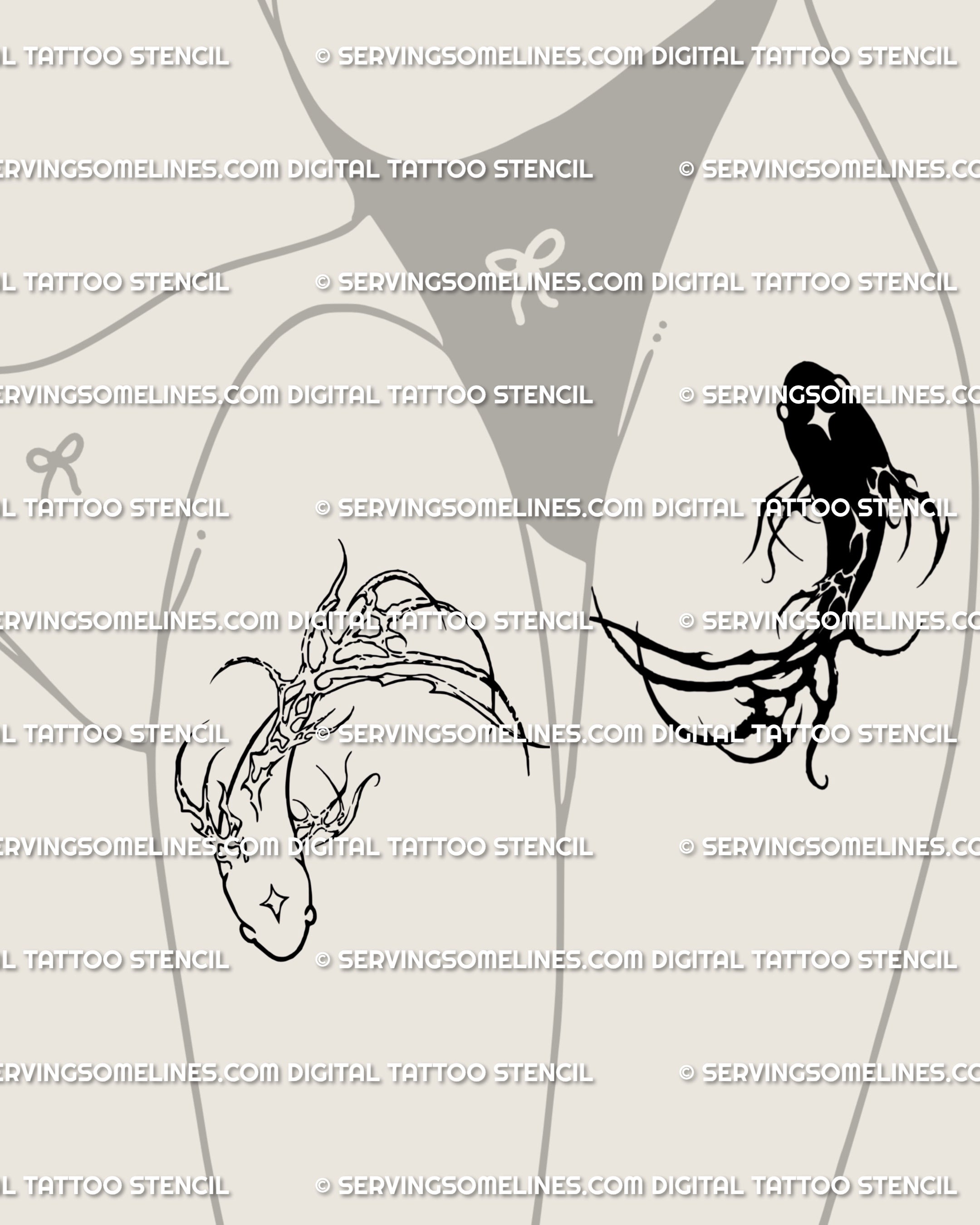 Matching koi fish tattoo design shown as two pieces on opposite thighs—one koi each—symbolizing balance, partnership, and yin/yang harmony with cyber accents.