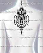 Medieval architecture tattoo stencil shown on upper back with church spires, cross finials, arched windows, chain details, and centered vertical layout