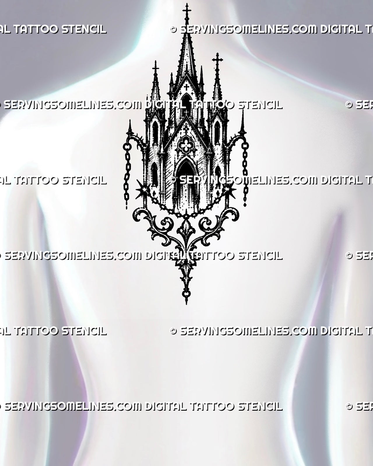 Medieval architecture tattoo stencil shown on upper back with church spires, cross finials, arched windows, chain details, and centered vertical layout