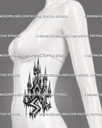 Medieval architecture tattoo stencil shown on women’s ribs with castle towers, pointed spires, staircase detail, and vertical placement