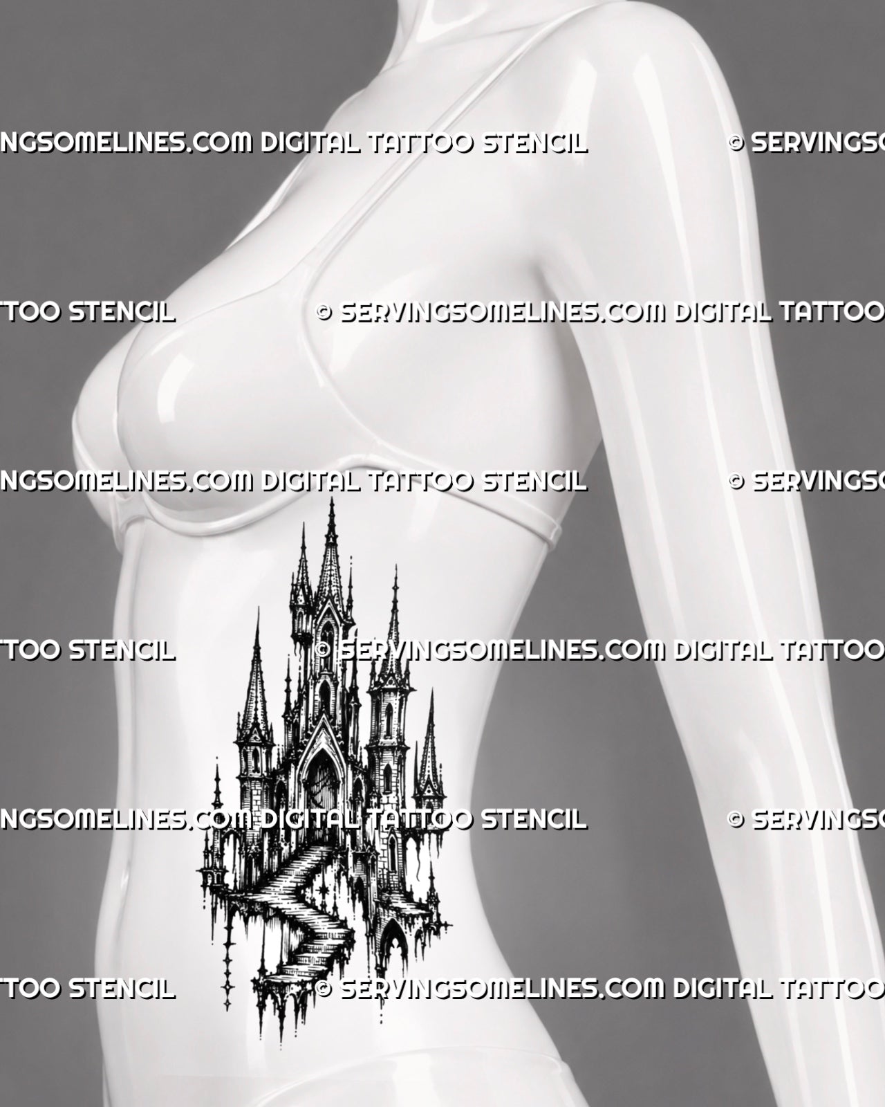 Medieval architecture tattoo stencil shown on women’s ribs with castle towers, pointed spires, staircase detail, and vertical placement