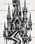 Close view of medieval castle tattoo design showing pointed arches, narrow towers, staircase detail, spires, and blackwork-style texture