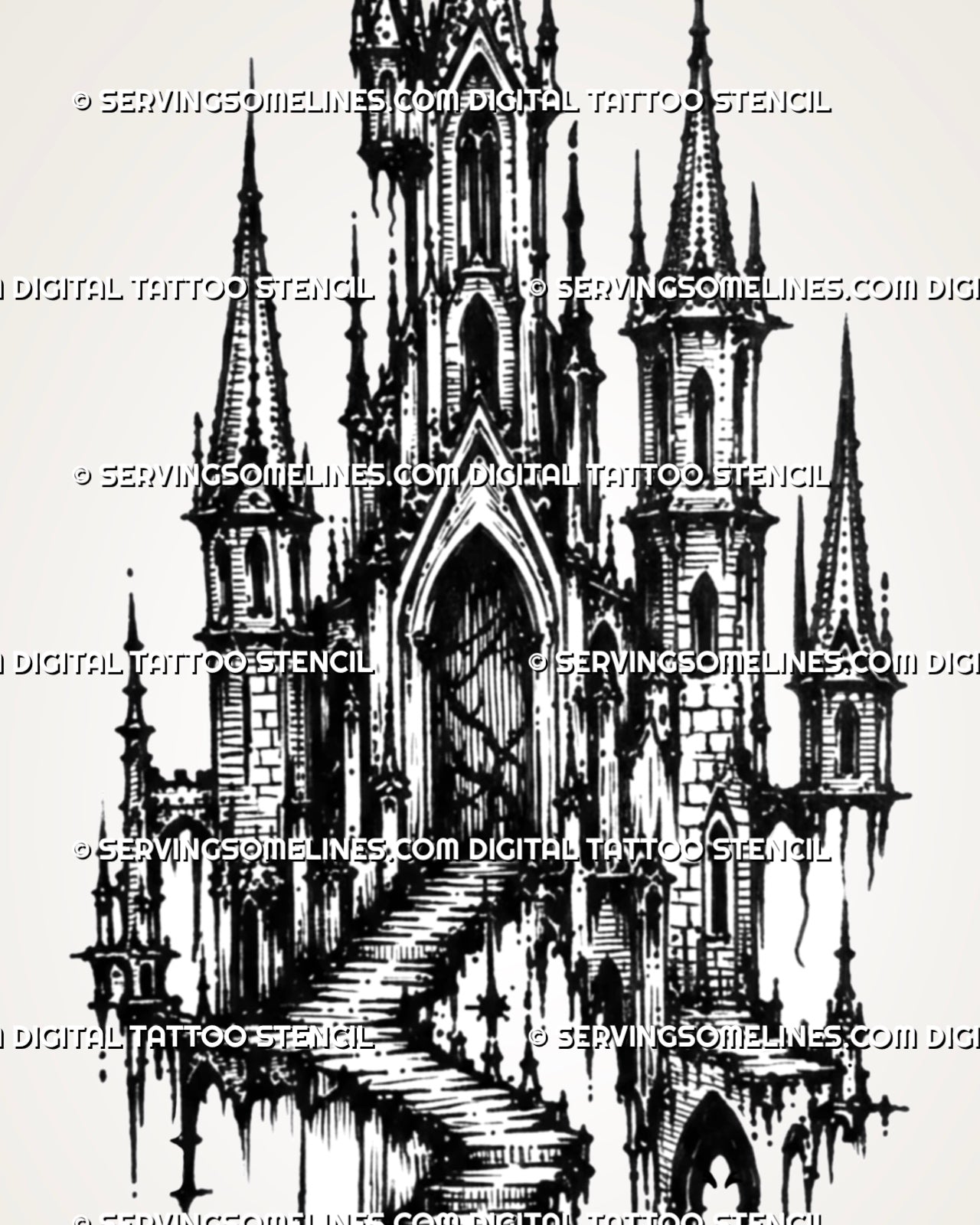 Close view of medieval castle tattoo design showing pointed arches, narrow towers, staircase detail, spires, and blackwork-style texture