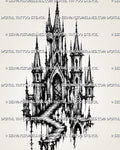 Medieval castle tattoo stencil with tall spires, staircase detail, pointed arches, narrow towers, and dark fantasy blackwork architecture