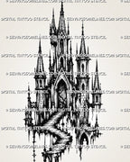 Medieval castle tattoo stencil with tall spires, staircase detail, pointed arches, narrow towers, and dark fantasy blackwork architecture