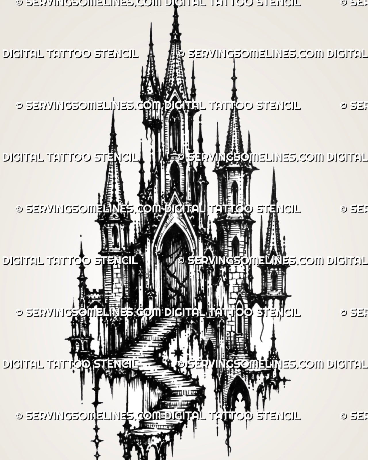 Medieval castle tattoo stencil with tall spires, staircase detail, pointed arches, narrow towers, and dark fantasy blackwork architecture