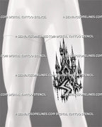 Medieval castle tattoo stencil shown on men’s thigh with tall spires, dark fantasy architecture, arched windows, and staircase detail