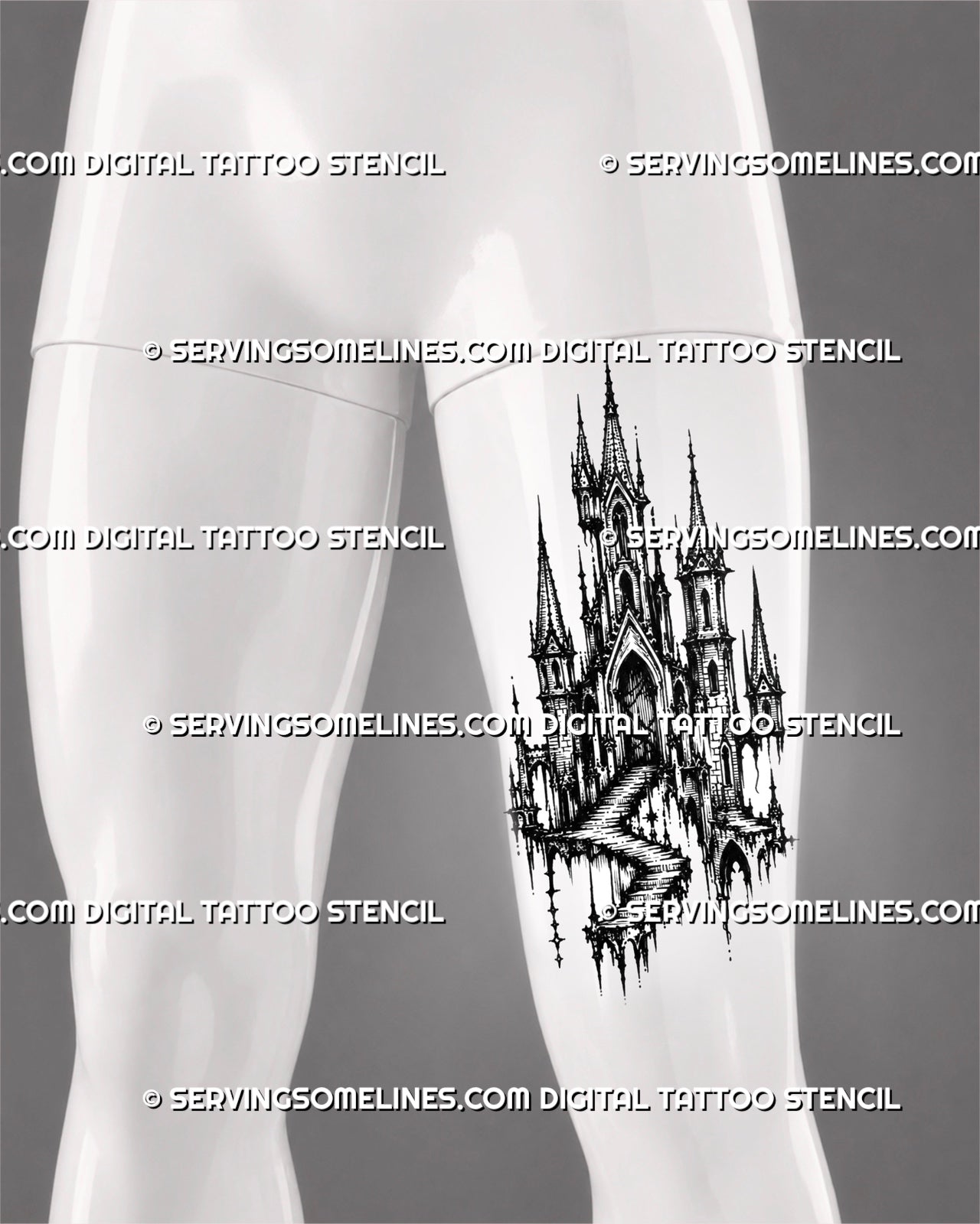 Medieval castle tattoo stencil shown on men’s thigh with tall spires, dark fantasy architecture, arched windows, and staircase detail