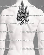 Medieval castle tattoo stencil shown on men’s upper back center with tall castle spires, arched entrance, and vertical fantasy architecture