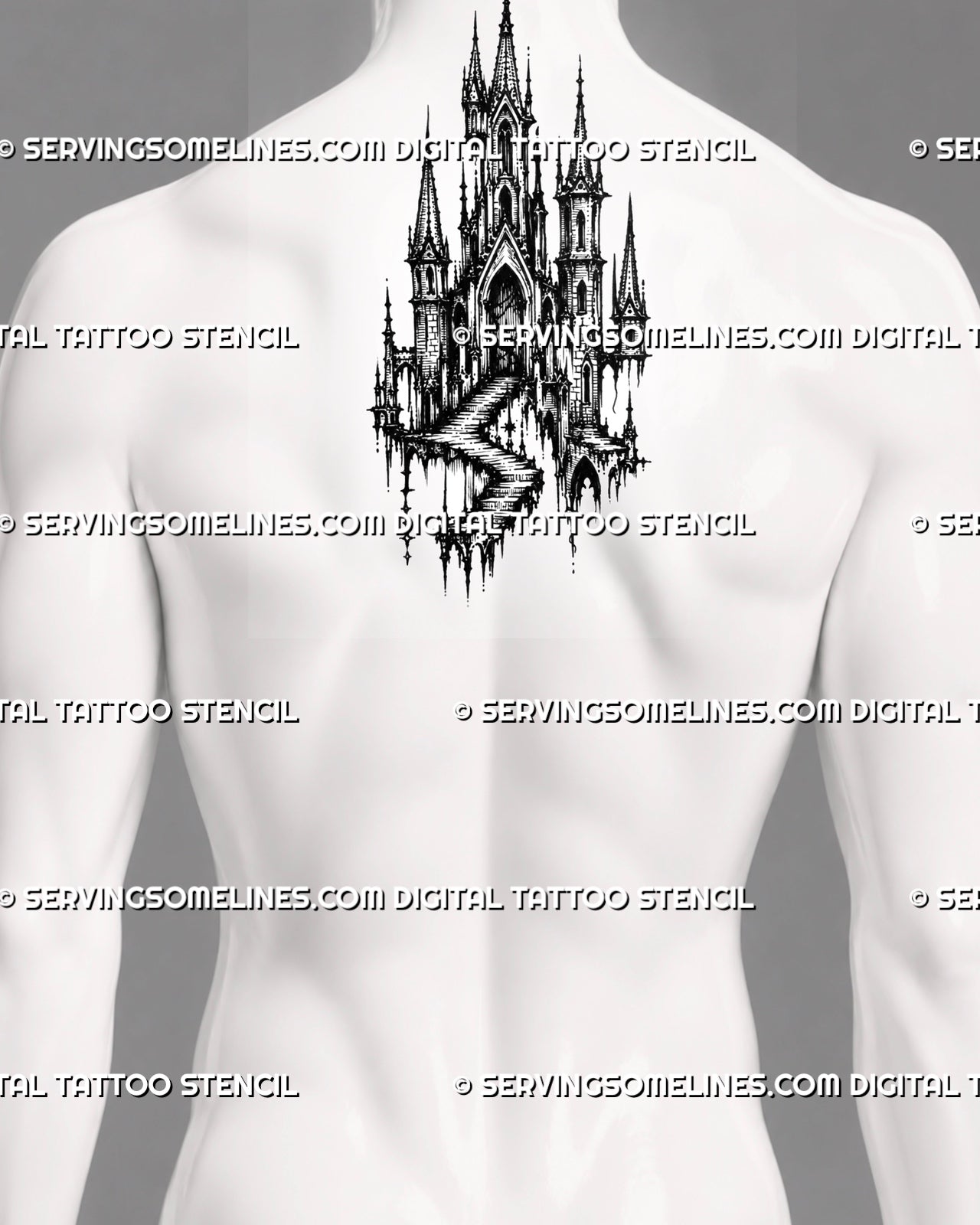 Medieval castle tattoo stencil shown on men’s upper back center with tall castle spires, arched entrance, and vertical fantasy architecture